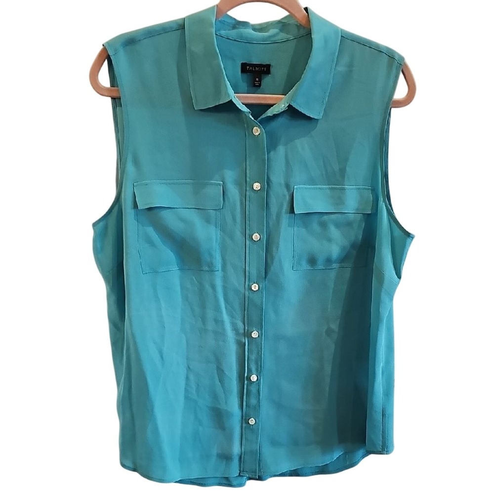 TALBOTS 100% Silk Button-down Aqua Career Tank Size 16 Elevated Basic